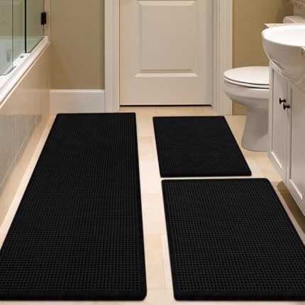 affle Bath Mat Set 3 Piece Black,Woven Modern Bath Rug Mats