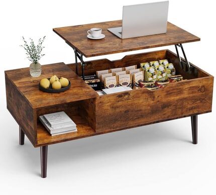 Lift Top Coffee Tables for Living Room, Small Rising Wooden Dining Center Tables with Storage Shelf and Hidden Compartment