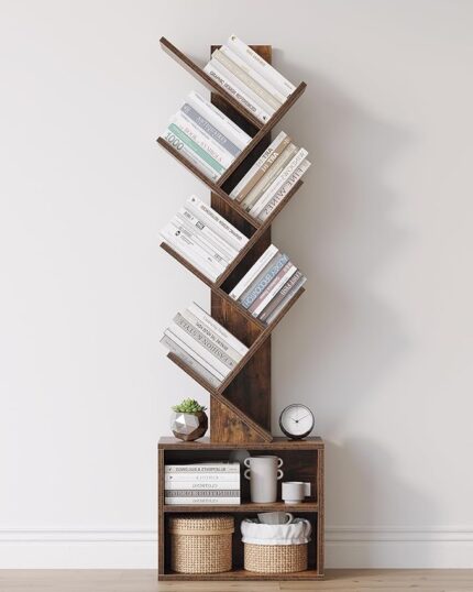 6 Tier Tree Bookshelf, Small Bookcase with Storage Cabinet, Modern Tall Narrow Bookshelves Organizer