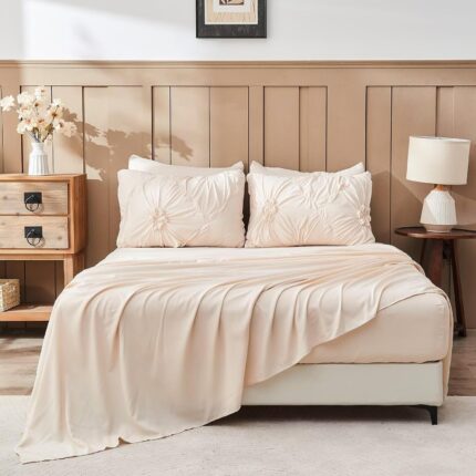 Beige Comforter Set Queen Size Bed in A Bag 7 Piece Pinch Pleat Bedding Set