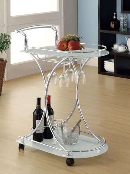 Elfman 2-Tier Glass Shelf Metal Bar Cart White and Chrome