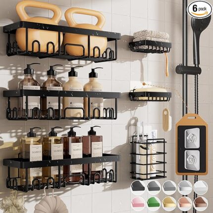 Rustproof & Waterproof Shower Caddy 6-Pack, No Drilling Adhesive Shelves Rack with Soap Holder